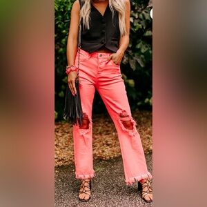Risen Women’s The Eras High Waist Distressed Jeans Coral 0/24 Raw Hem RDP5265-N